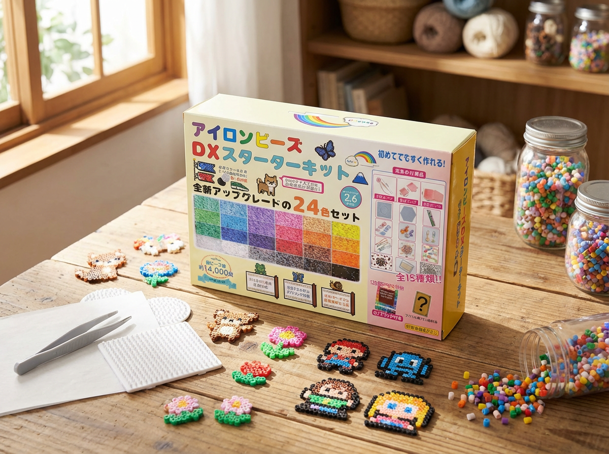 Mini Iron Beads 2.6mm, 24 Colors, Approx. 16,000 Beads, DX Starter Kit with 15 Types of Accessories, Tools, and Pattern Guide. Easy to Make for Beginners. DIY Bead Art, Craft, Educational Toy, Gift.