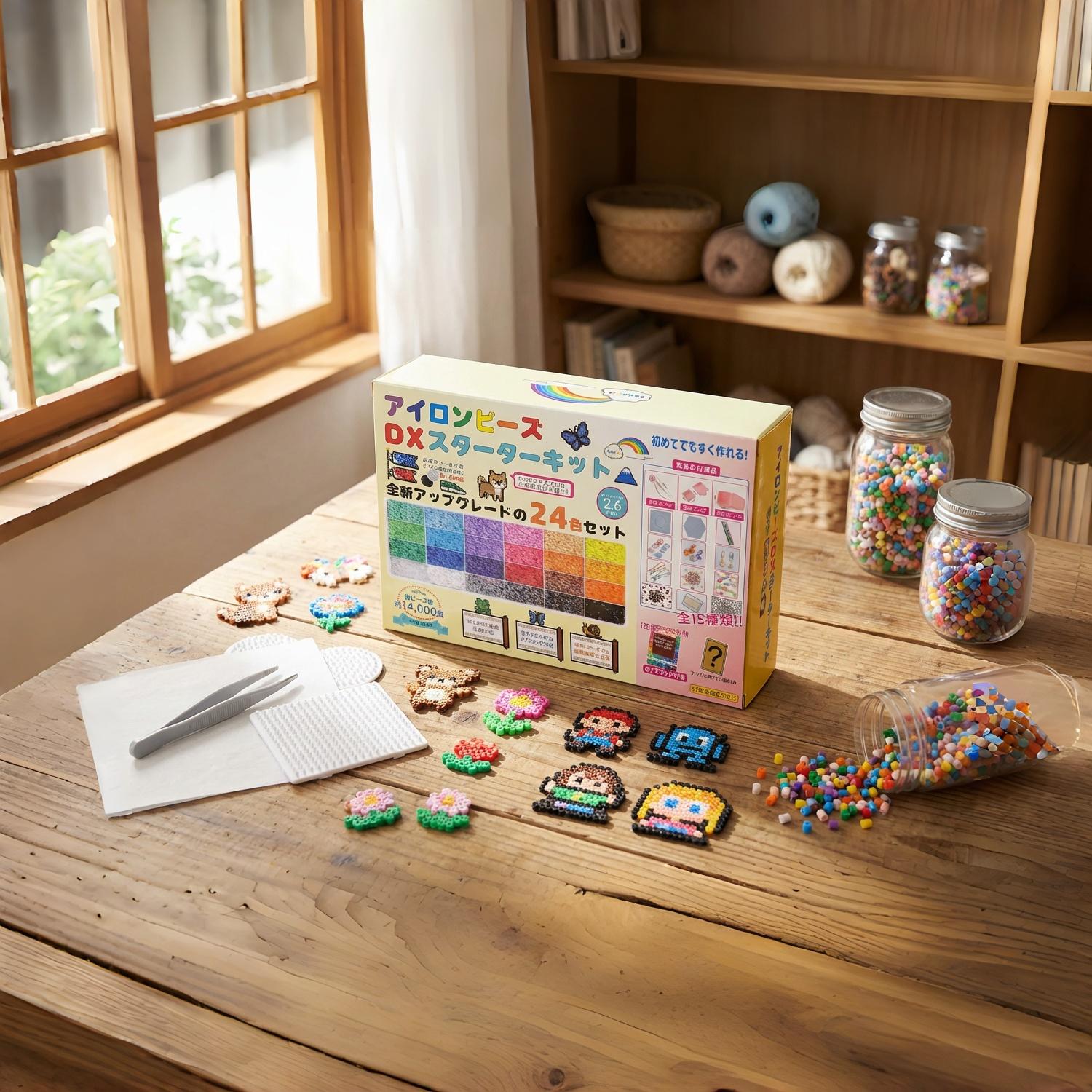 Mini Iron Beads 2.6mm, 24 Colors, Approx. 16,000 Beads, DX Starter Kit with 15 Types of Accessories, Tools, and Pattern Guide. Easy to Make for Beginners. DIY Bead Art, Craft, Educational Toy, Gift.