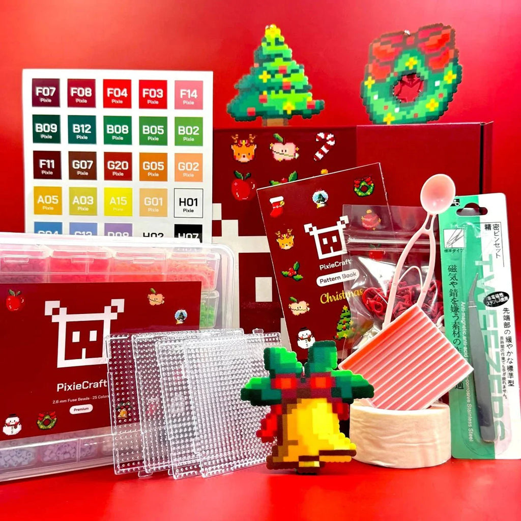 PixieBeads Christmas Gift Box with tools (12 Original Designs) | 25 Colors | 10,000 ct 2.6mm Premium Fuse Beads