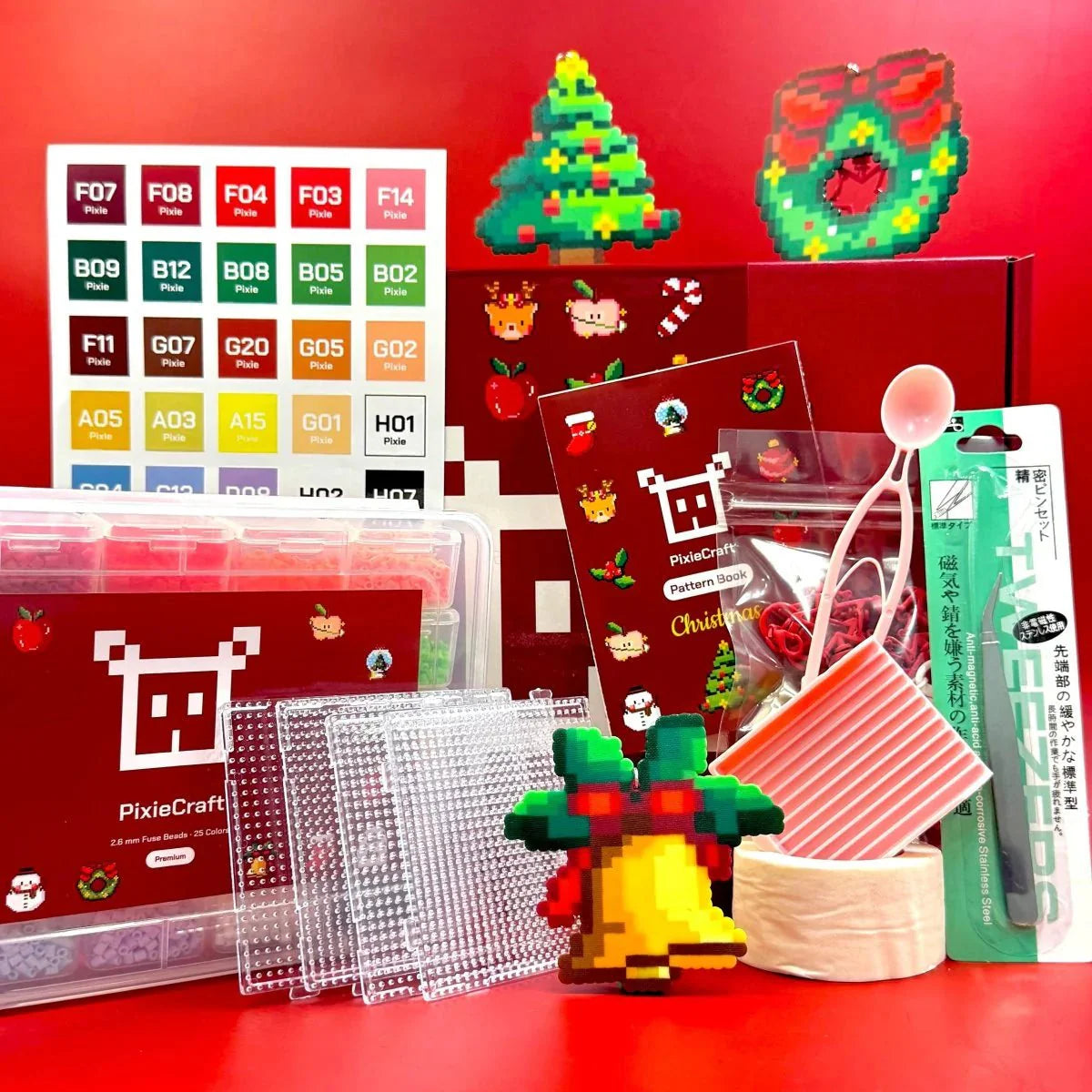 PixieBeads Christmas Gift Box with tools (12 Original Designs) | 25 Colors | 10,000 ct 2.6mm Premium Fuse Beads