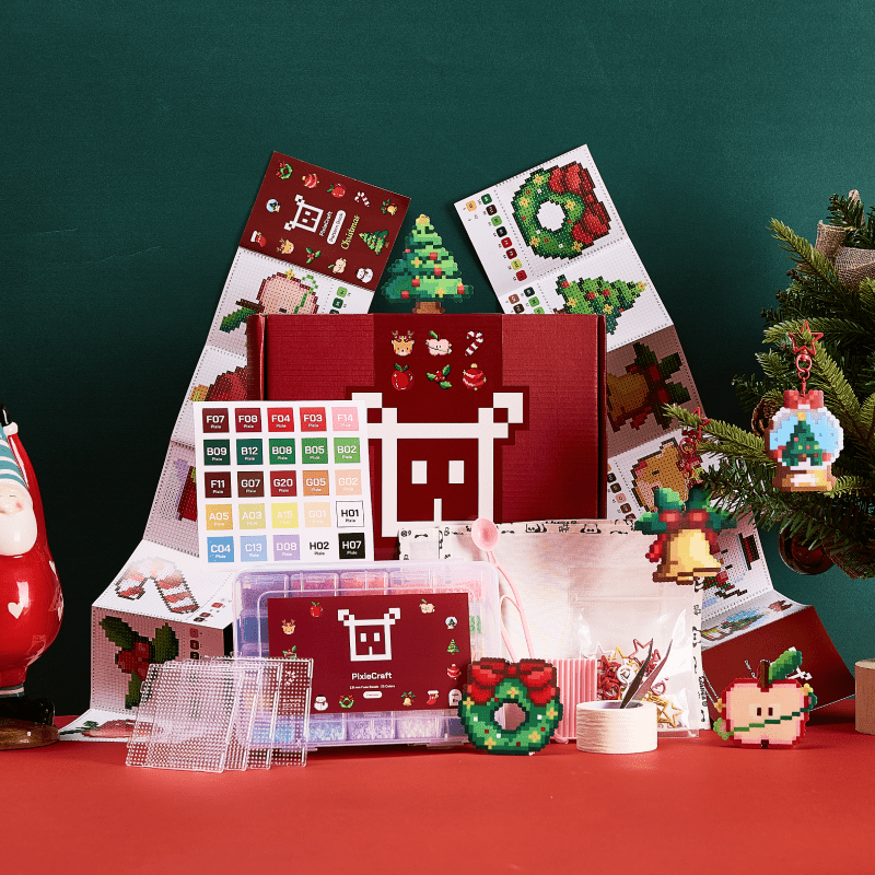 PixieBeads Christmas Gift Box with tools (12 Original Designs) | 25 Colors | 10,000 ct 2.6mm Premium Fuse Beads